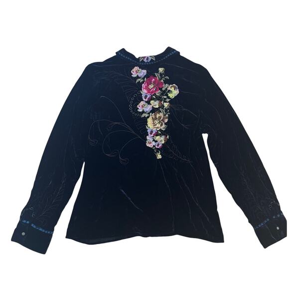 Johnny Was Black Crushed Velvet Embroidered Button Down Shirt XL - Picture 5 of 9